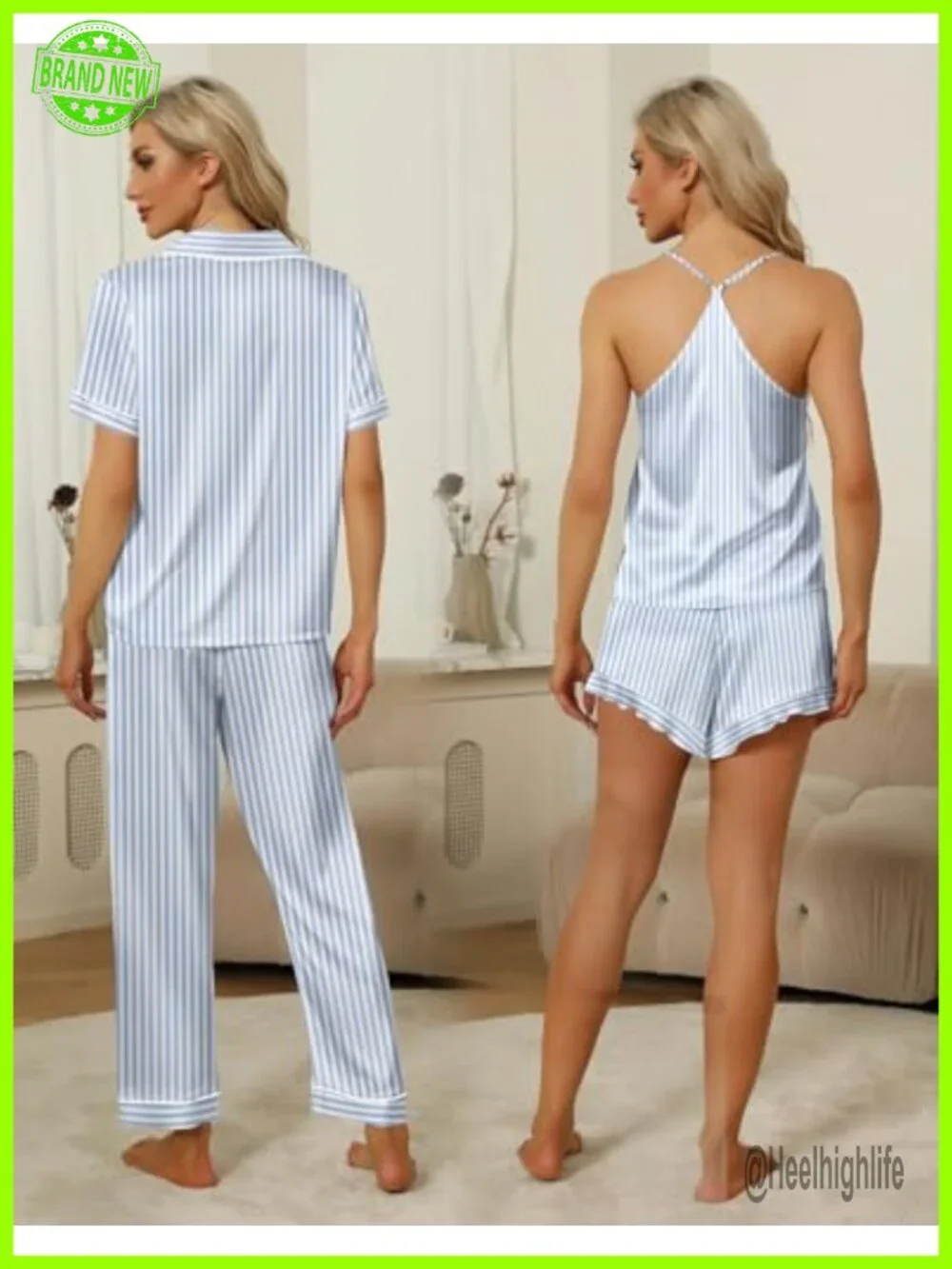 Satin Pajama Set 4Pc Ruffled Cami Shorts Button Down Short Sleeve